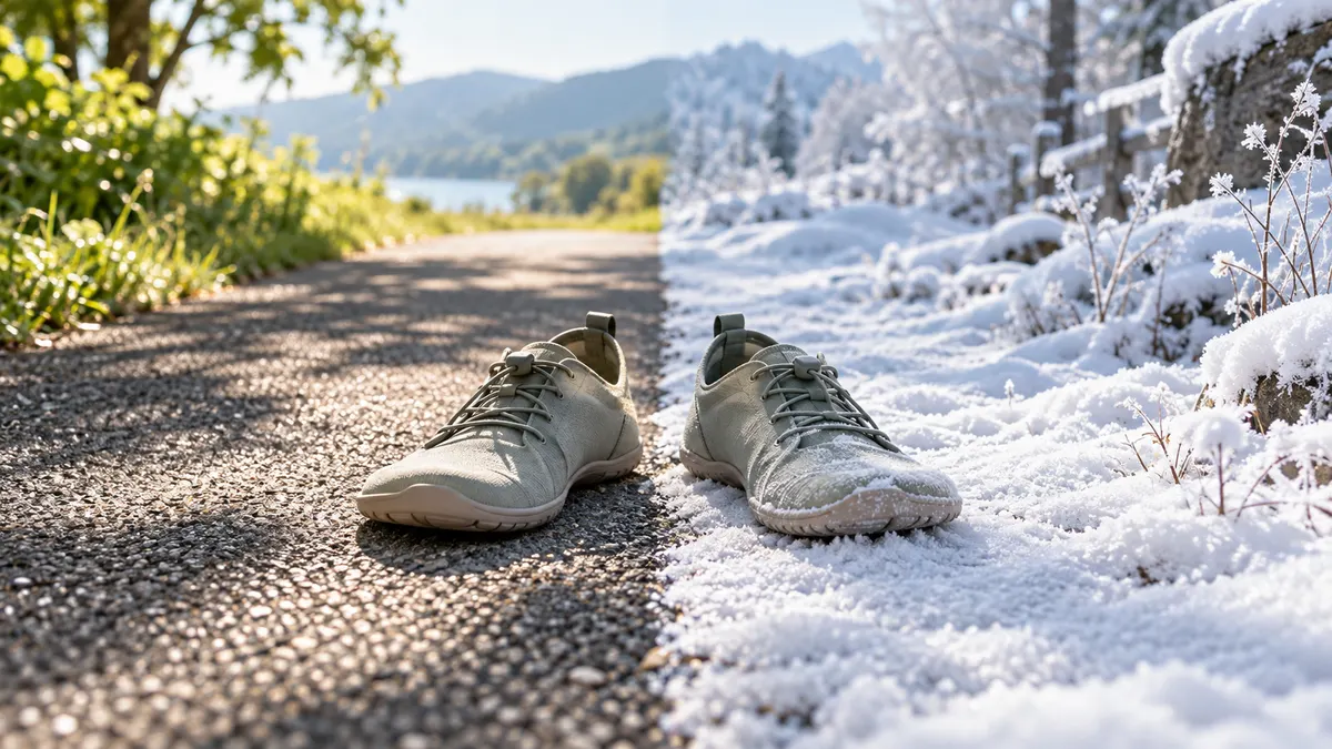 夏の日なたの舗装路と、冬の雪道を左右に並べたイメージ